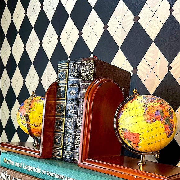 Elegant Vintage Globe Bookends | Brass & Wood | Timeless Library Accent - Picture 5 of 14